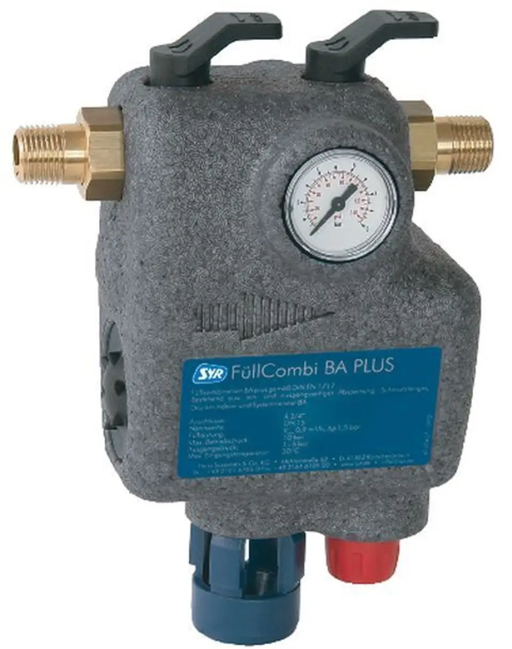 SYR FüllCombi mit Druckmanometer und zwei Anschlussstellen, einer rot und einer blau, zur Wasserbehandlung in Heizungsanlagen.